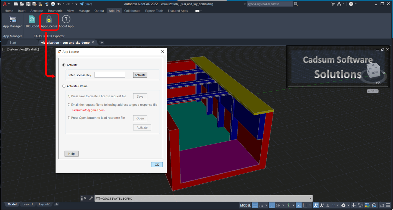 FBX Exporter For AutoCAD plugin License dialog, convert Autocad to FBX file