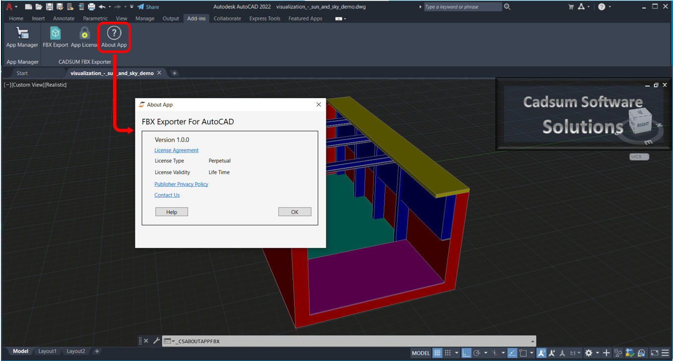 FBX Exporter For AutoCAD plugin About App dialog, convert Autocad to FBX file