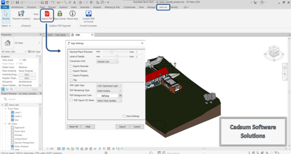 3D PDF Exporter for Revit app plugin setting dialog image - provides Revit pdf customization options