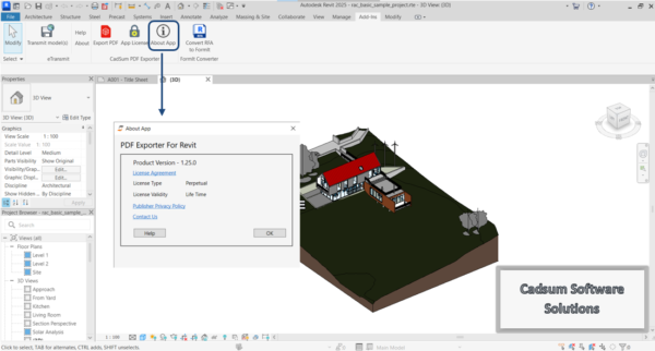 3D PDF Exporter for Revit about plugin dialog image - provides Revit pdf plugin detail's