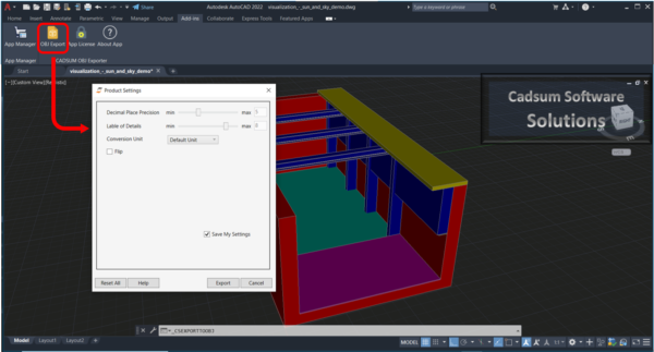 OBJ Exporter for AutoCAD Setting image to export Autocad model to OBJ