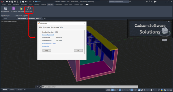 STL Exporter For AutoCAD plugin About App dialog, convert AutoCAD to STL file