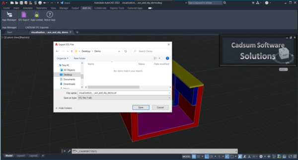 STL Exporter For AutoCAD plugin save dialog, convert Autocad to STL file