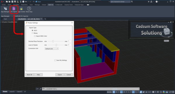 STL Exporter For AutoCAD plugin setting dialog, convert Autocad to STL file